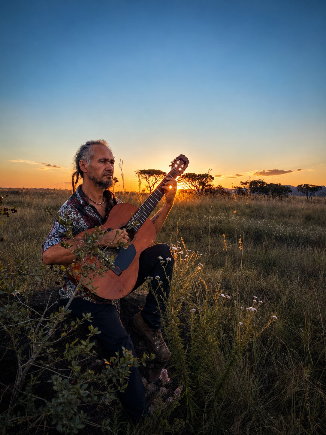 Sol Sebastián tocando violão ao pôr do sol na Chapada dos Veadeiros
